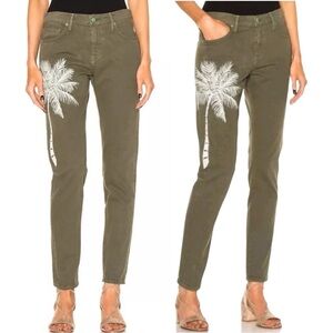 Revolve SANDRINE ROSE Embroidered Palm Tree Boyfriend Jeans in Army Green 24 NWT
